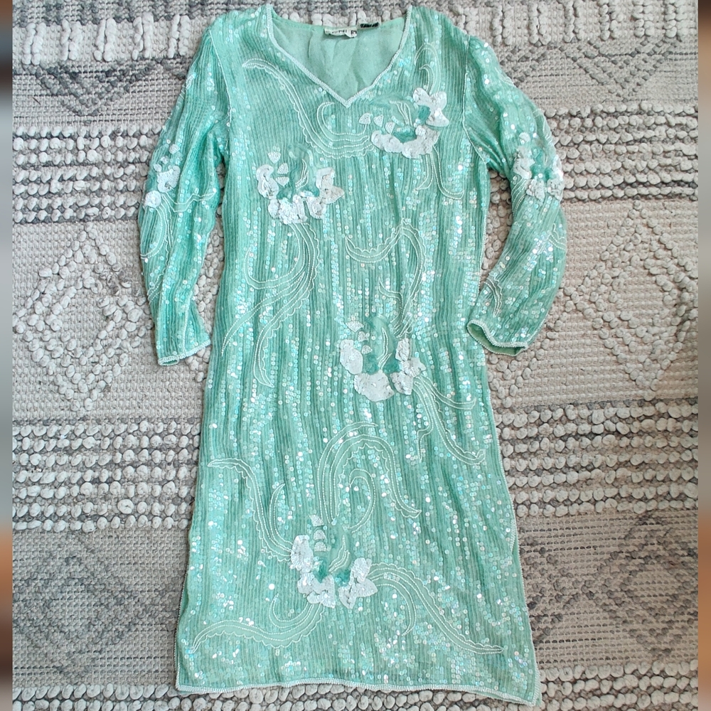 Scala Vintage Breaded Silk Flapper Dress In Aqua Size Medium - Picture 3 of 8